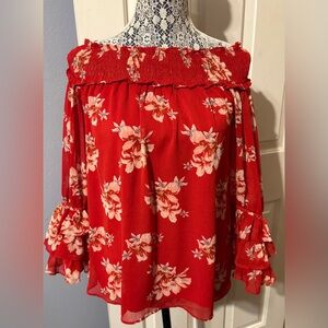 CeCe Red Floral Off-Shoulder Blouse size S New with tags